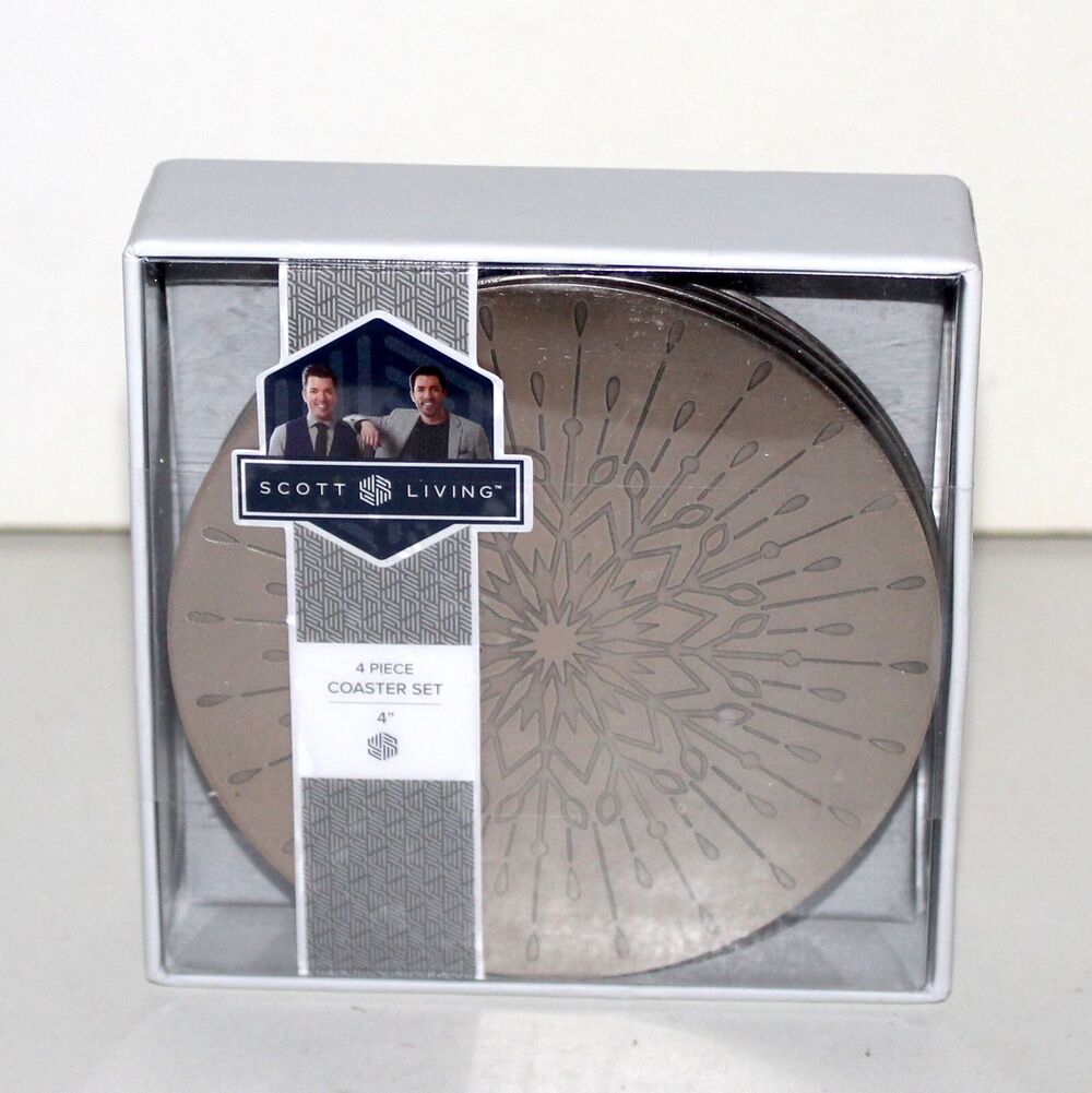 Scott Living 4 Coasters set stainless steel silver round Drew Jonathan brothers